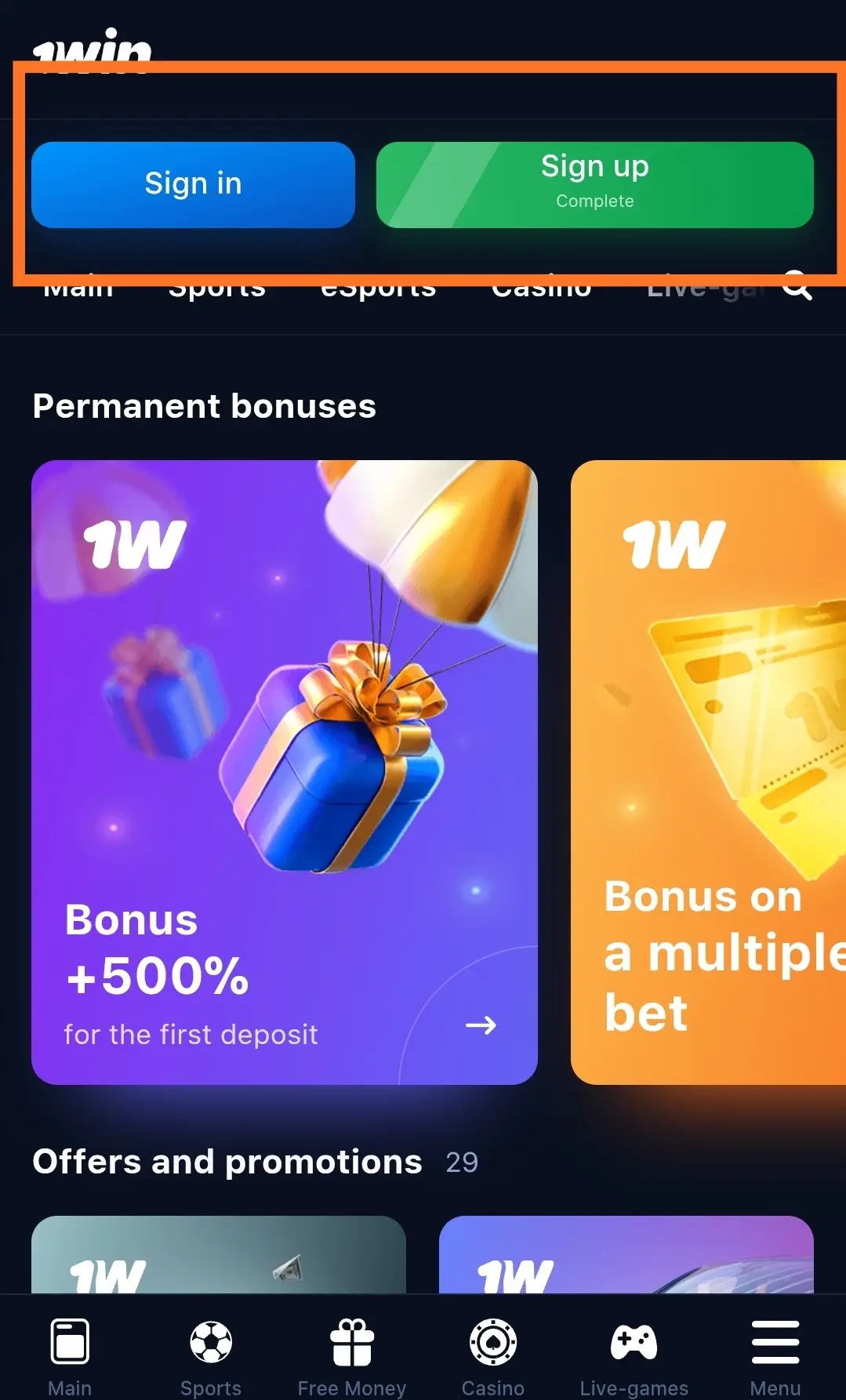1win app login and registration