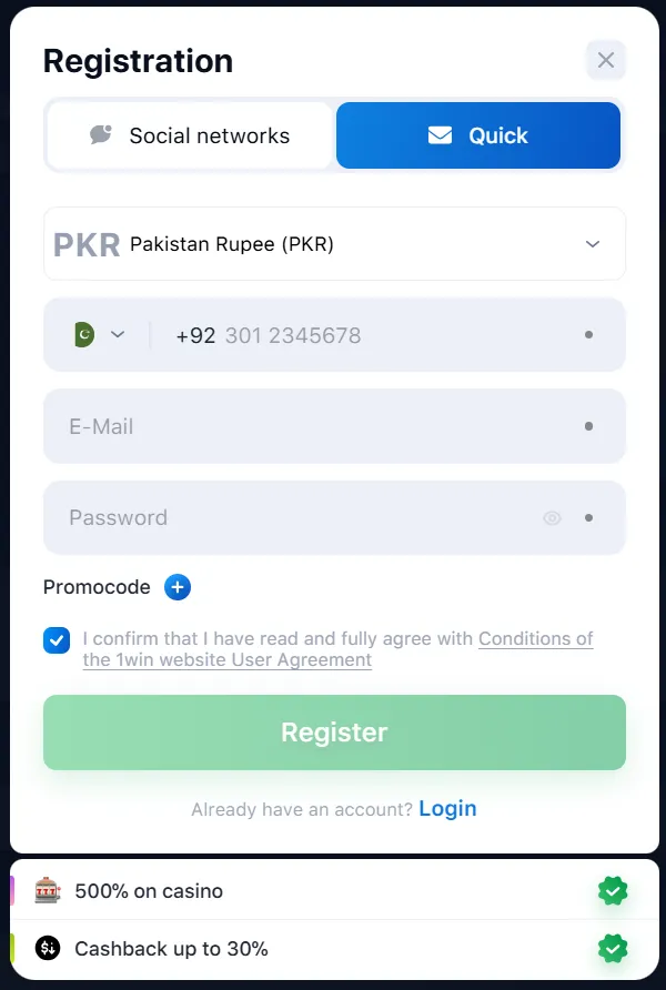 1win registration in Pakistan